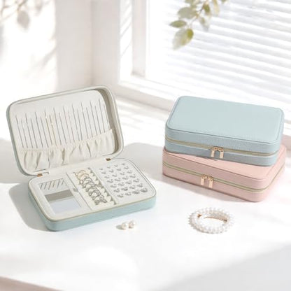 Genuine Leather Travel Jewelry Organizer Case Box with Mirror for