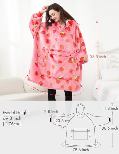 KFUBUO Wearable Blanket Hoodie for Adults With Pocket Strawberry