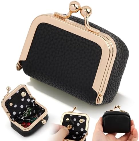 Genuine Leather Mini Jewelry Box with Vintage Kiss Lock, Black