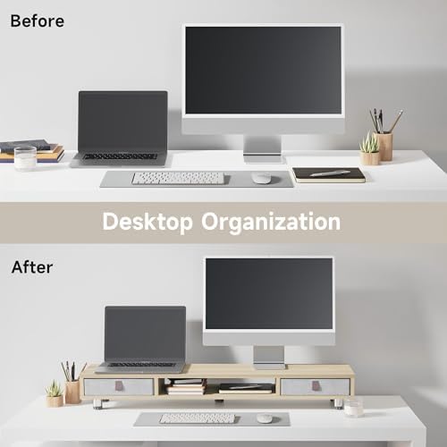 Fenge Dual Monitor Stand, 2-Tier Desk Organizer with Drawers, 42.5in