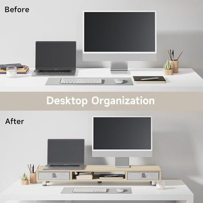 Fenge Dual Monitor Stand, 2-Tier Desk Organizer with Drawers, 42.5in