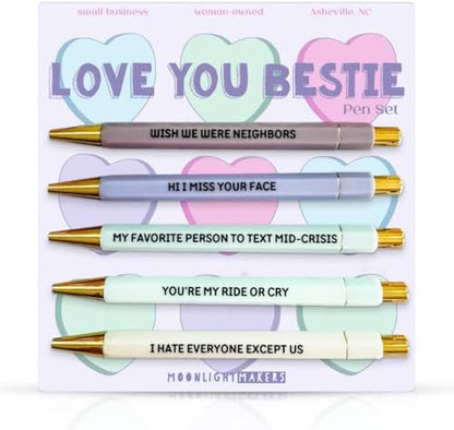 Moonlight Makers Set of 5 Ballpoint Pens Black Ink, Love You Bestie