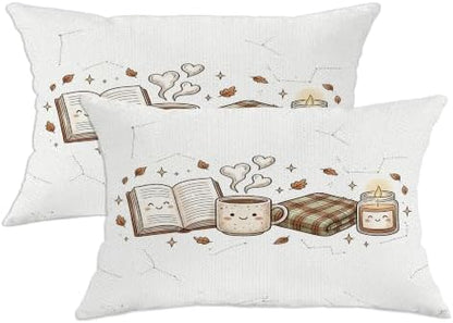 Cozy Autumn Reading Theme Book Throw Pillow Covers 12x20 Set of 2