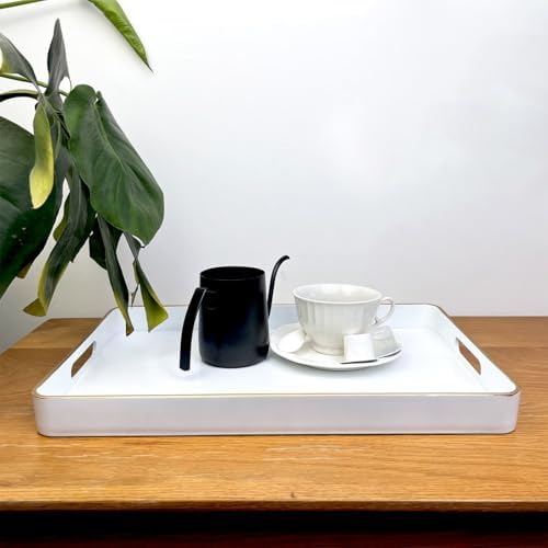 White Decorative Tray, Rectangular Serving Trays with Handles,Ottoman