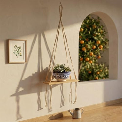 AVOIRR Boho Hanging Wall Shelf – Minimalist Floating Plant Shelf with