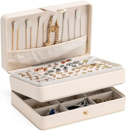 Travel Jewelry Case, 2-Layer Large Jewelry Organizer Box, Beige, PU