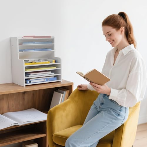7 Tier White Desk Organizer for Office Organization, Wood Paper