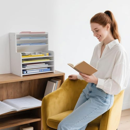 7 Tier White Desk Organizer for Office Organization, Wood Paper