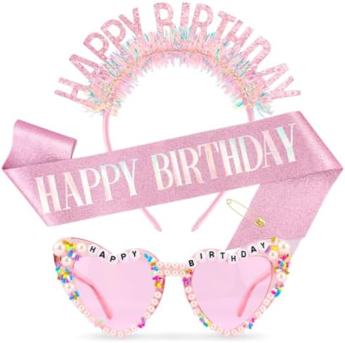 Atoden Happy Birthday Sash Headband Tiara Crown Sunglasses for Women