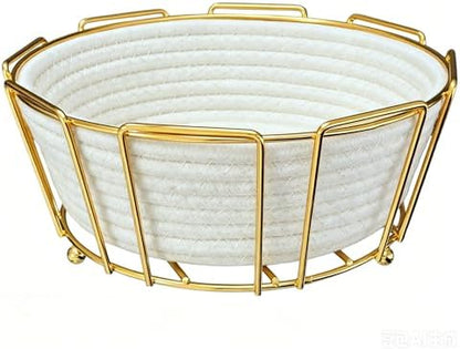 Gold Metal Woven Round Blanket Basket, Decorative Shelf Storage