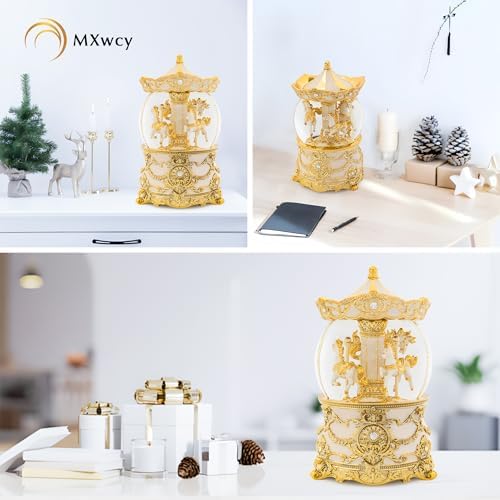Carousel Music Box Gold & Ivory Christmas Snow Globes, 8.3" Rotate