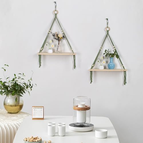HVEST Green Hanging Shelf Set of 2, Boho Wall Decor, Floating Shelves
