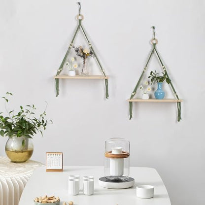 HVEST Green Hanging Shelf Set of 2, Boho Wall Decor, Floating Shelves