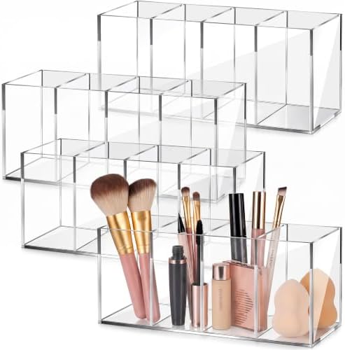 Pajean 4 Pack Clear Acrylic Pencil Holders, 4 Compartment Desk