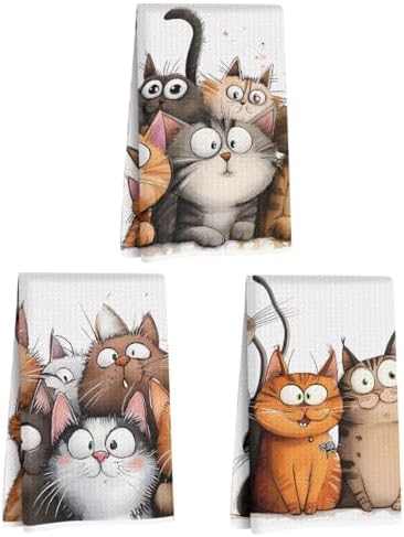 Jztco 3 Pcs Cute Cat Kitchen Towels, Cats Soft Absorbent Hand Tea