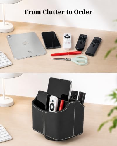 LAMOTI Remote Control Holder, 360° Rotating PU Leather Desk Organizer