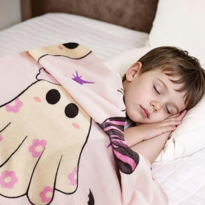 50"x60" Halloween Pink Boo Bow Throw Blanket, Cute Ghost Flannel