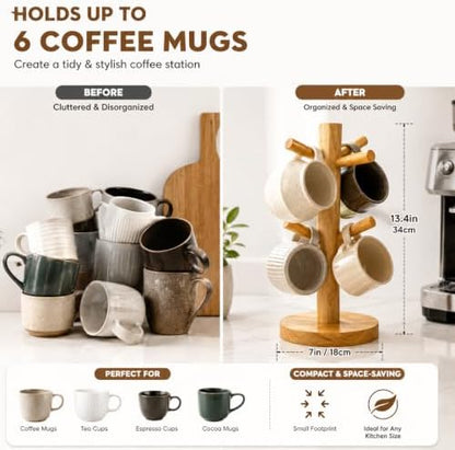 Wooden Mug Tree Stand for Countertop, Coffee Mug Holder Rack with 6