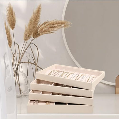 LANDICI 4-Piece Stackable PU Leather Jewelry Organizer Trays, Apricot
