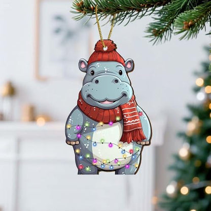 Cute Hippopotamus Christmas Ornaments 2026, 2 Side Printed Wooden