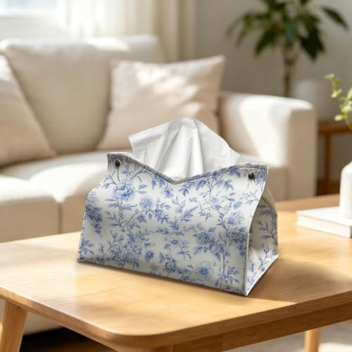 UTELKA Blue Flroal Rectangle Tissue Box Cover PU Tissue Holder 9.8x6x7
