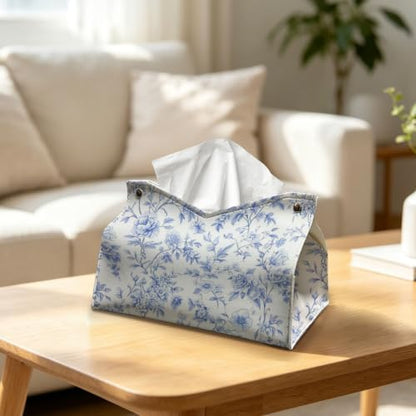 UTELKA Blue Flroal Rectangle Tissue Box Cover PU Tissue Holder 9.8x6x7