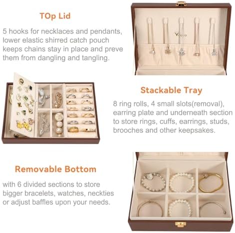 Voova 2 Layer Jewelry Box Organizer with Removable Tray, Vintage Gift