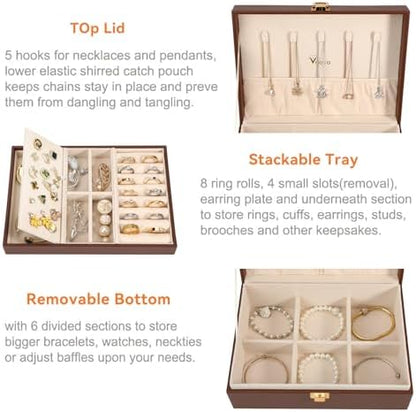 Voova 2 Layer Jewelry Box Organizer with Removable Tray, Vintage Gift