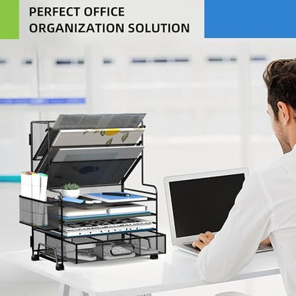 MINDEPOT 4-Tier Paper Organizer + 3-Pocket File Holder + Drawer + Pen
