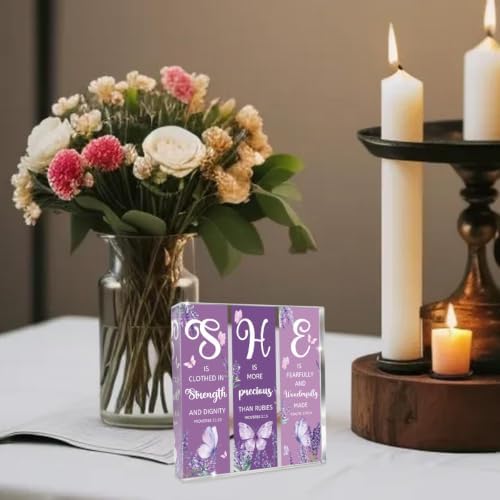 Purple Christian Desk Decor for Women, Butterfly Gifts Square Acrylic