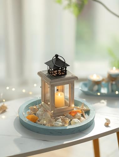 Hanobe Round Wood Candle Holder Tray, Ocean Blue Coastal Coffee Table