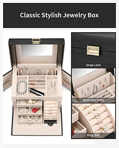 VLANDO Jewelry Boxes for Women with Mirror and 3 Drawers,Black