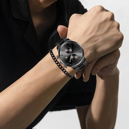 NEWITIN 4 Pieces Black Jewelry Set for Men Stainless Steel Watch