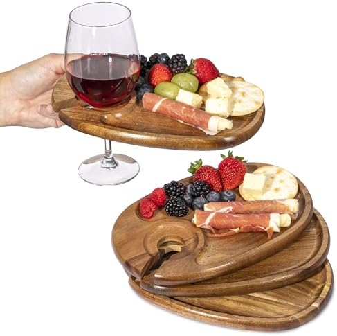 Wine Glass Holder Plates – Acacia Wooden Appetizer & Snack Plates for
