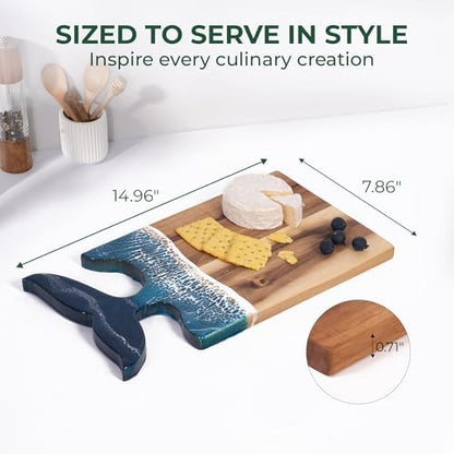 Whale Tail Serving Board, 15"x 7.9" Acacia Wood Ocean Resin Art