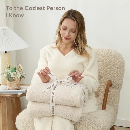 Snuggle Sac Buttery Ivory Throw Blanket for Couch, Reversible Super