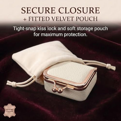 Genuine Leather Mini Travel Jewelry Box Kiss Lock Closure (White)