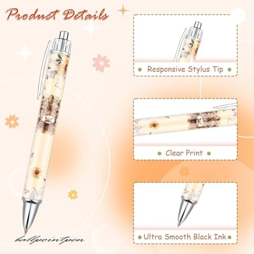 12 Pcs Highland Cow Ballpoint Pens, Cute Cow Print Retractable Click
