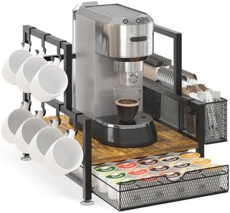 EsLuker.ly Coffee Bar Station Organizer with K Cup Drawer, 7 Mug Hooks