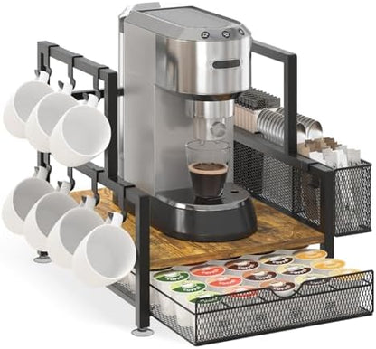 EsLuker.ly Coffee Bar Station Organizer with K Cup Drawer, 7 Mug Hooks