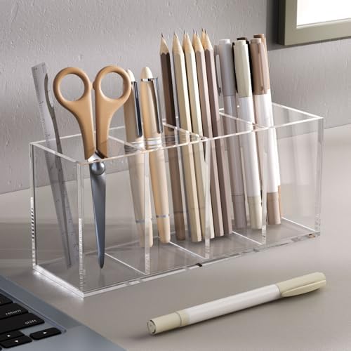 NIUBEE Acrylic Pen Holder 4 Compartments, Clear Desk Pencil Organizer