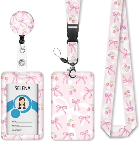 Lanyard, Id Badge Holder,Teacher Retractable Reel, Cherry Bow