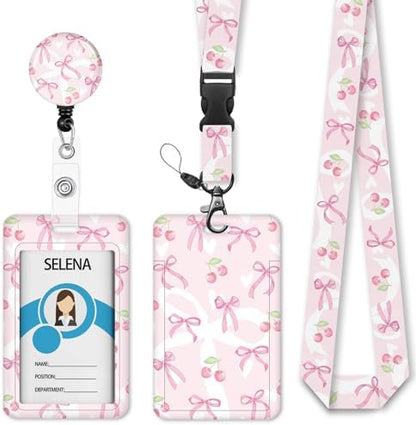 Lanyard, Id Badge Holder,Teacher Retractable Reel, Cherry Bow