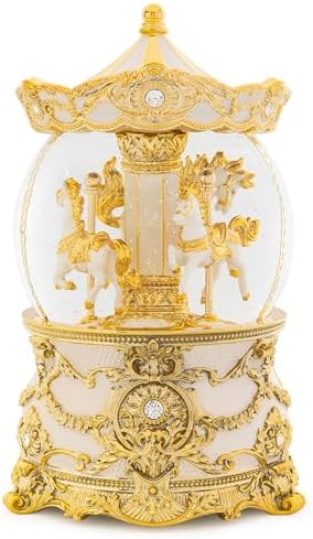 Carousel Music Box Gold & Ivory Christmas Snow Globes, 8.3" Rotate