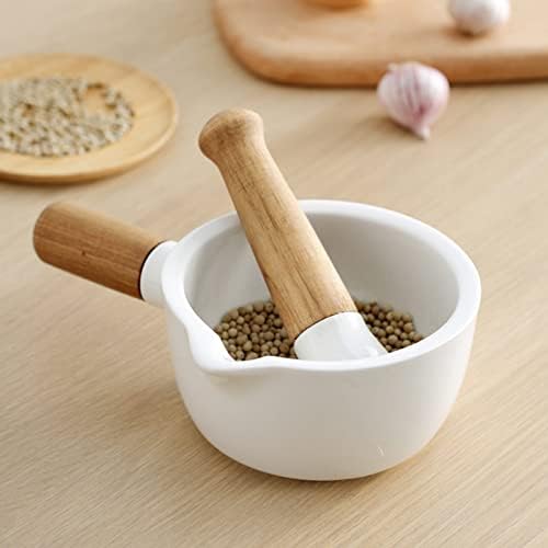Porcelain Mortar and Pestle Set with Pour Spout Grinder Bowl Pesto