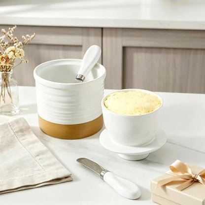 Hasense Ceramic Butter Crock with Lid, French Butter Keeper with Water