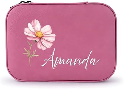 Custom Leather Jewelry Box with Name & Birth Flower Month, Birthday
