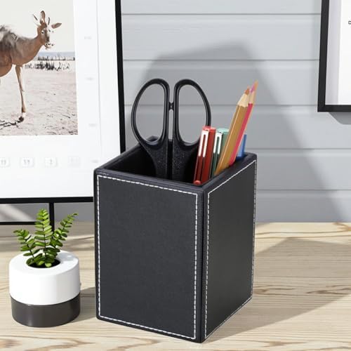 KINGFOM PU Leather Square Pens Pencils Holder Cup Desktop Stationery
