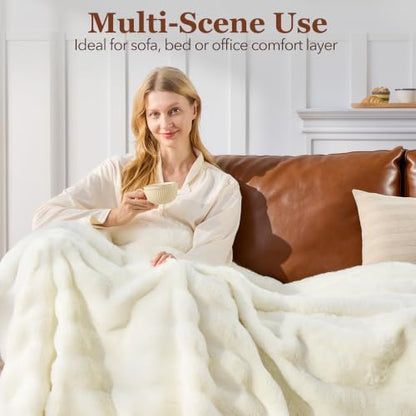 Touchat Soft Fluffy Faux Rabbit Fur Throw Blanket, 50" × 60", Cream