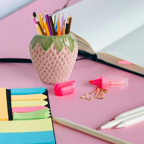 Sixbaole Pink Strawberry Ceramic Pencil Holder for Desk, Cute Office